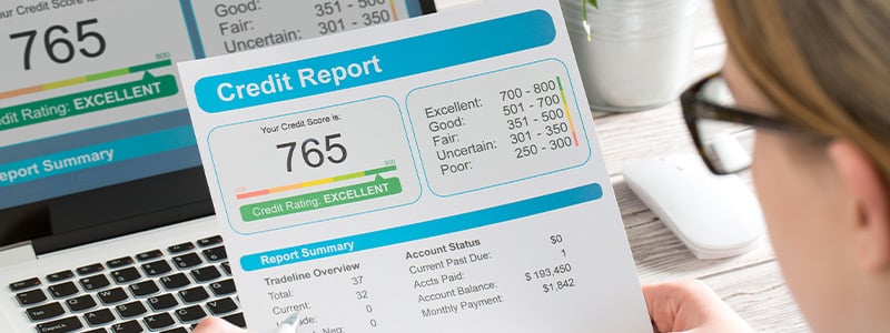 Building credit blog. Woman checking her credit report.