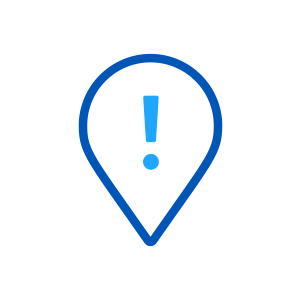Blue location marker with exclamation icon