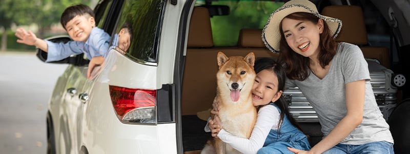 Family in car with dog