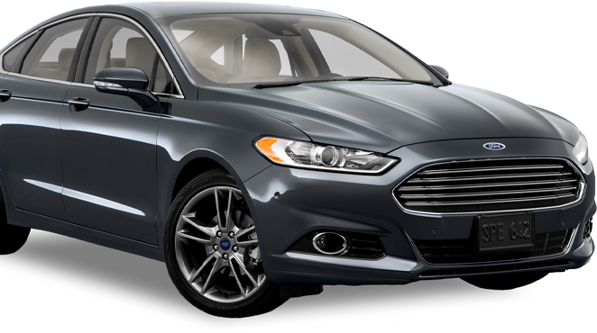 Passenger corner view of gray sedan