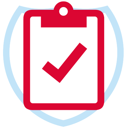 Red clipboard with checkmark inside blue shield icon