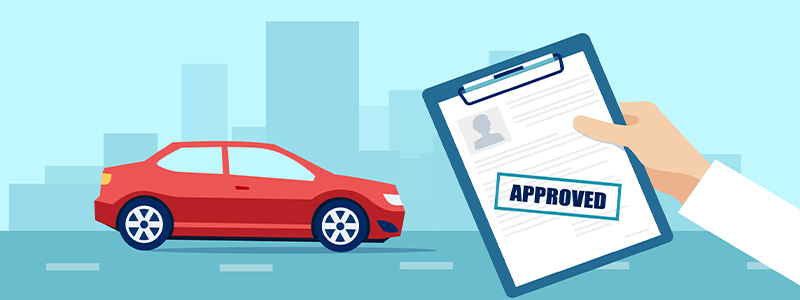 A car on a road and a man holding a clipboard with approved stamped on a credit application.